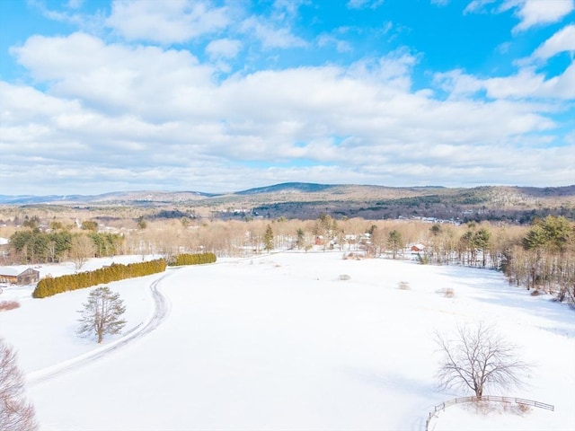 snowy aerial view with a mountain view