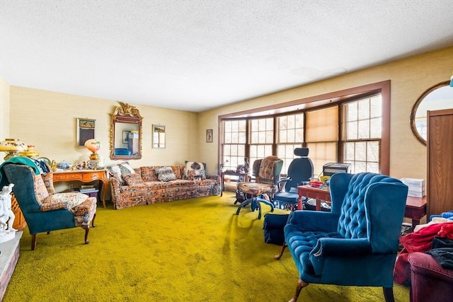 living room with a textured ceiling and carpet flooring