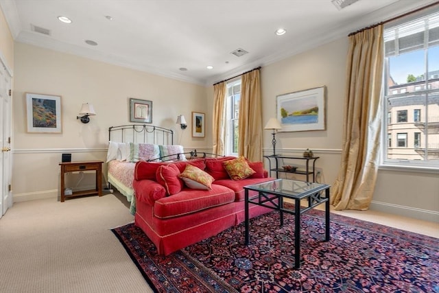 151 Beacon St Unit 4, Boston, MA 02116 - carpeted bedroom featuring multiple windows, crown molding, baseboards, and recessed lighting