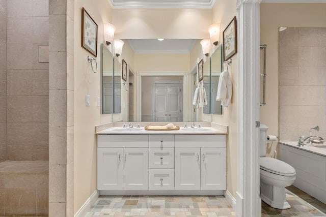 151 Beacon St Unit 4, Boston, MA 02116 - full bathroom with ornamental molding, double vanity, toilet, baseboards, and a tile shower