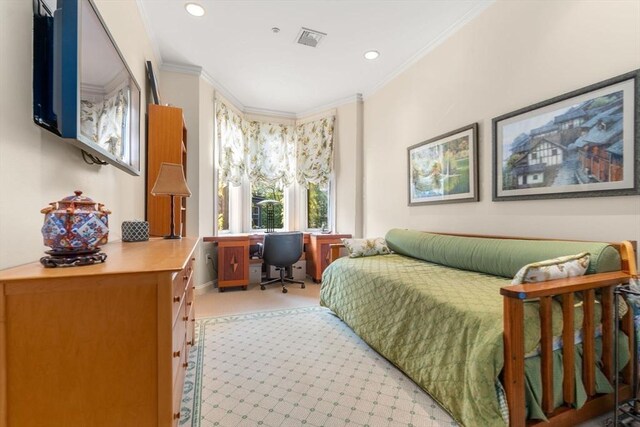 151 Beacon St Unit 4, Boston, MA 02116 - bedroom featuring ornamental molding, a desk, light carpet, and recessed lighting