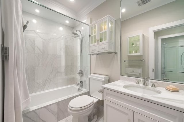 151 Beacon St Unit 4, Boston, MA 02116 - bathroom featuring tiled shower / bath, vanity, toilet, ornamental molding, and recessed lighting