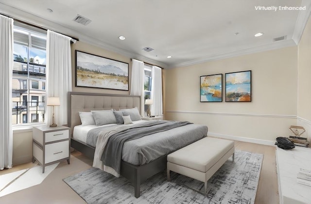 151 Beacon St Unit 4, Boston, MA 02116 - bedroom featuring multiple windows, crown molding, recessed lighting, light wood-style flooring, and baseboards