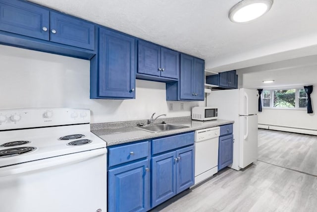 kitchen with white appliances, a baseboard heating unit, blue cabinetry, sink, and light wood-type flooring