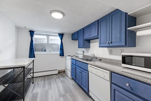 kitchen featuring sink, white appliances, light hardwood / wood-style flooring, blue cabinets, and a baseboard radiator