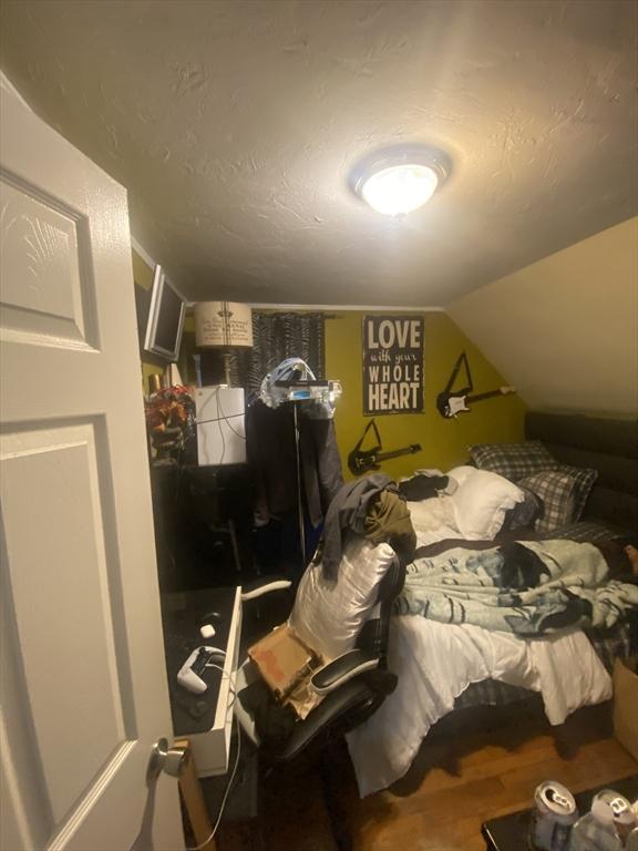 bedroom with vaulted ceiling and hardwood / wood-style flooring