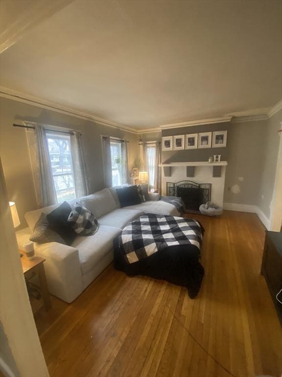 living room featuring wood-type flooring and crown molding