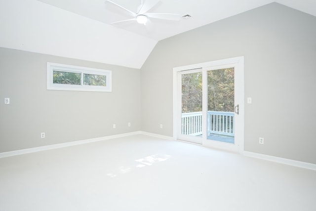 additional living space with carpet flooring, ceiling fan, and lofted ceiling