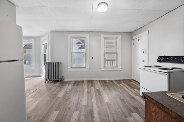 kitchen with white appliances, radiator heating unit, a wealth of natural light, and a paneled ceiling