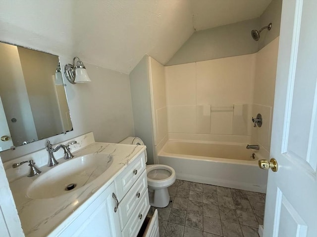 full bath with shower / bathing tub combination, lofted ceiling, toilet, and vanity