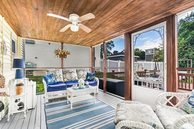 sunroom / solarium with a wealth of natural light, wooden ceiling, and ceiling fan