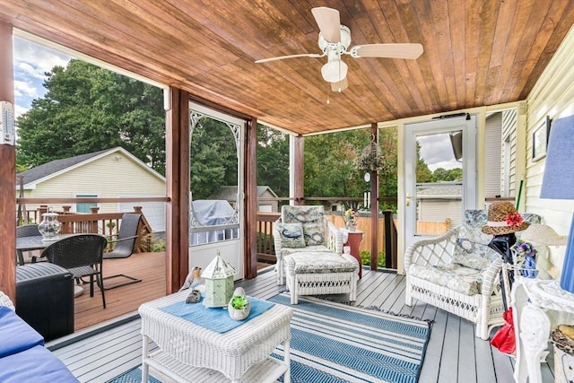 sunroom featuring wood ceiling and ceiling fan