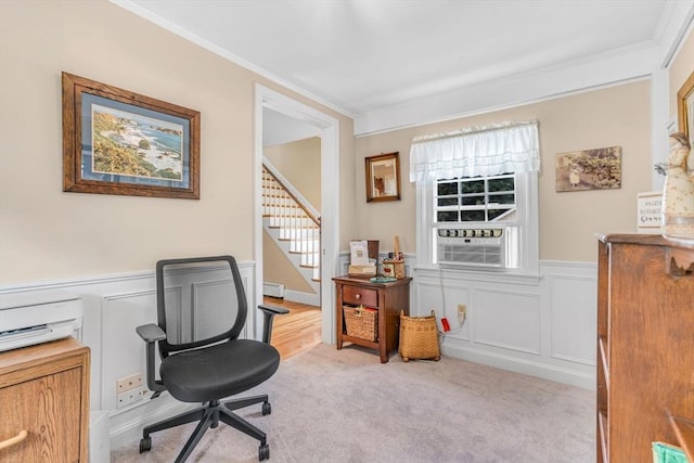 carpeted office featuring ornamental molding