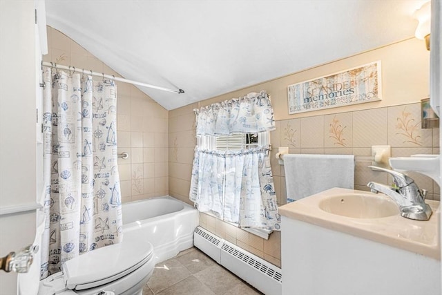 full bathroom with vaulted ceiling, a baseboard radiator, sink, toilet, and shower / bath combo with shower curtain