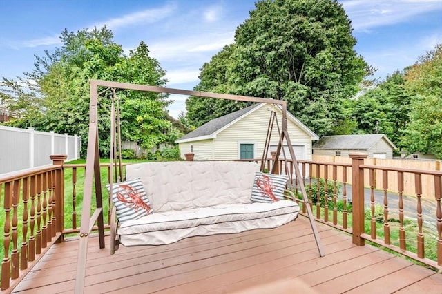 deck with an outbuilding