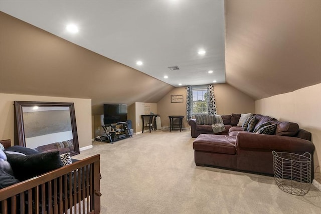16 Windsor St, Everett, MA 02149 - living area featuring light colored carpet, vaulted ceiling, recessed lighting, and baseboards