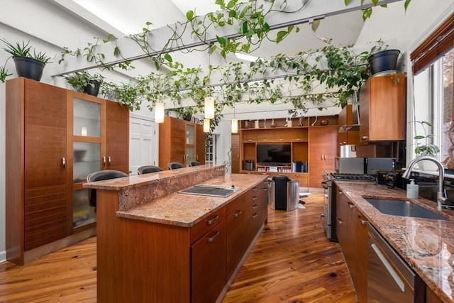 kitchen with a center island, stainless steel appliances, hardwood / wood-style flooring, and sink