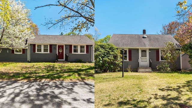 ranch-style house featuring a chimney, a front yard, and entry steps