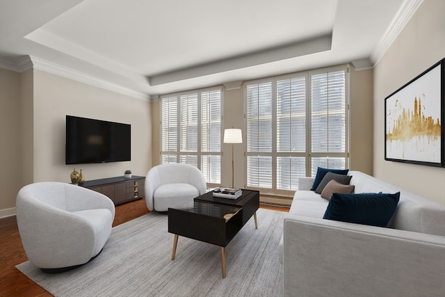 living room with light wood-type flooring, ornamental molding, and a tray ceiling