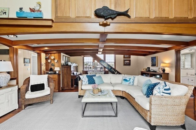 107 Channel Point Rd, Barnstable, MA 02601 - living room featuring arched walkways and beamed ceiling