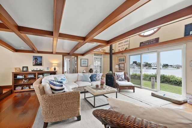 107 Channel Point Rd, Barnstable, MA 02601 - living room featuring beamed ceiling, hardwood / wood-style floors, coffered ceiling, and a water view