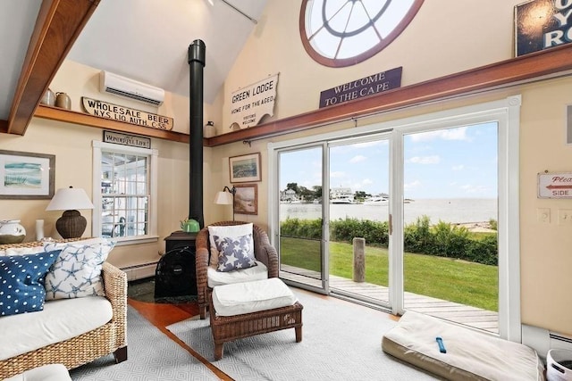 107 Channel Point Rd, Barnstable, MA 02601 - living area with an AC wall unit, a water view, a wood stove, a baseboard radiator, and lofted ceiling