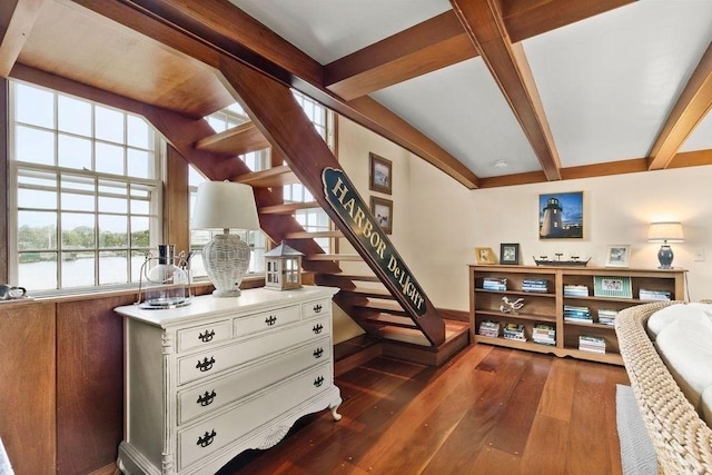 107 Channel Point Rd, Barnstable, MA 02601 - staircase with hardwood / wood-style flooring, beamed ceiling, and a water view