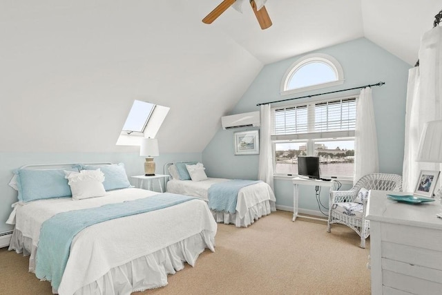 107 Channel Point Rd, Barnstable, MA 02601 - bedroom with a wall mounted air conditioner, lofted ceiling, carpet, a ceiling fan, and a skylight