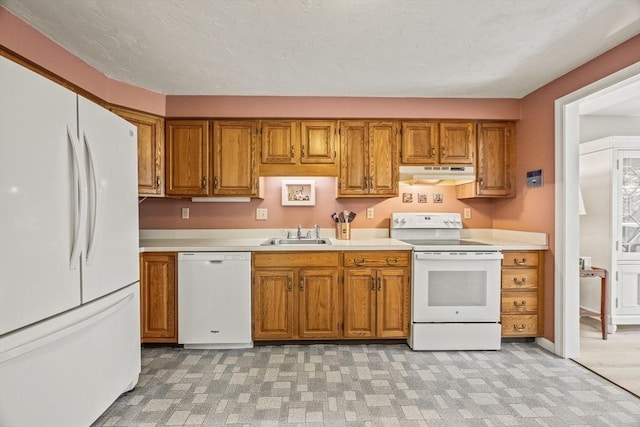 2 Englewood Dr Unit Jl, Harwich, MA 02645 - kitchen featuring white appliances, under cabinet range hood, brown cabinetry, a sink, and light countertops