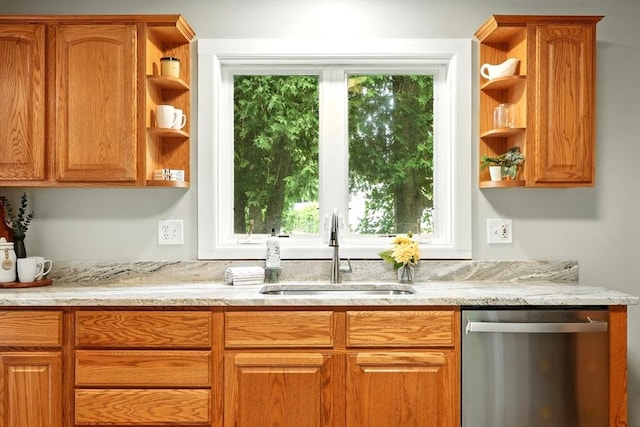 29 Healy St, West Springfield, MA 01089 - kitchen with open shelves, stainless steel dishwasher, light stone counters, and brown cabinets