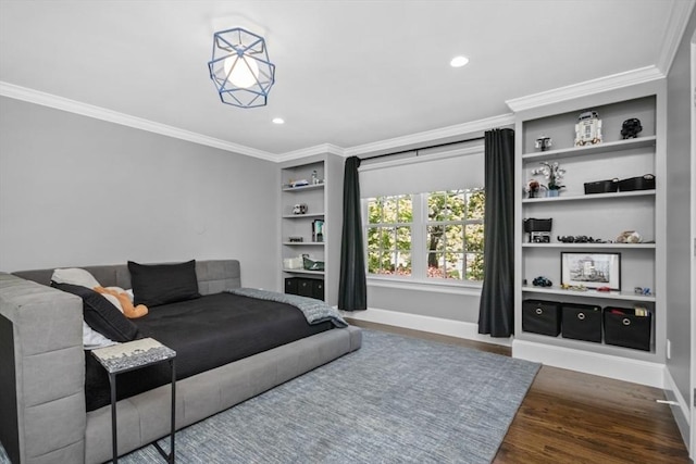 living room with crown molding, built in features, baseboards, and recessed lighting