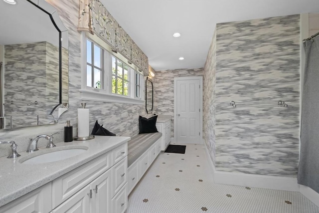 full bathroom featuring a shower with curtain, vanity, and recessed lighting