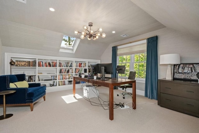 office area featuring visible vents, recessed lighting, carpet flooring, lofted ceiling with skylight, and a notable chandelier