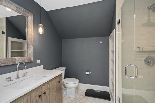 full bathroom with toilet, tile patterned floors, a shower stall, vaulted ceiling, and vanity
