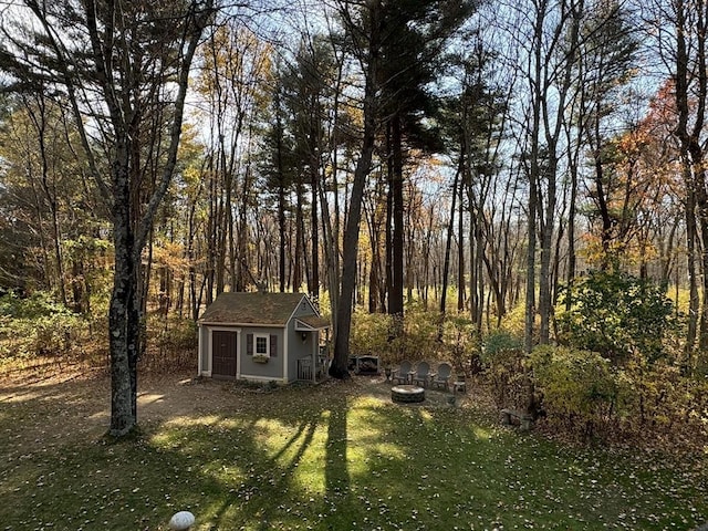 view of yard featuring a storage unit