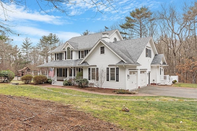 view of front of property with covered porch, a front yard, and a garage