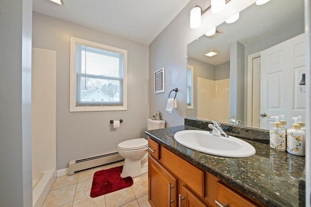 bathroom featuring vanity, a shower, a baseboard radiator, tile patterned floors, and toilet