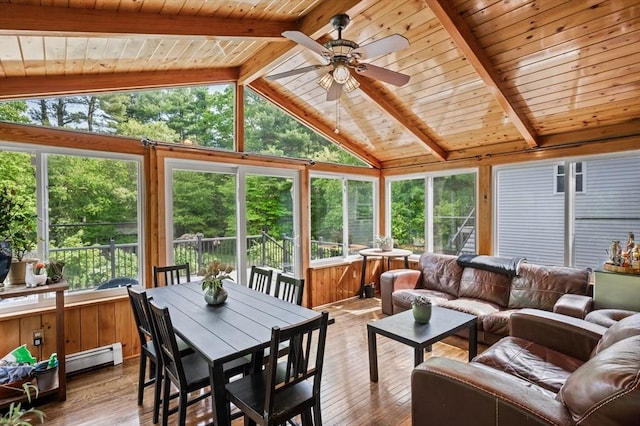 146 Field St, Taunton, MA 02780 - sunroom with wooden ceiling, hardwood / wood-style flooring, a deck, a baseboard radiator, and wooden walls