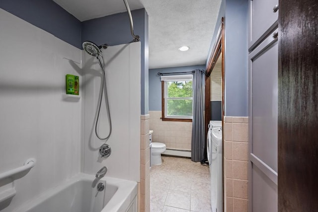 146 Field St, Taunton, MA 02780 - full bathroom with tile walls, a baseboard heating unit, bathing tub / shower combination, a wainscoted wall, and tile patterned flooring