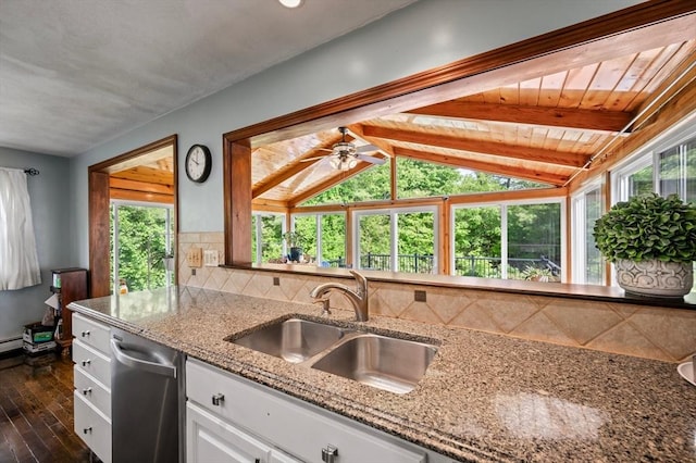 146 Field St, Taunton, MA 02780 - kitchen with dishwasher, decorative backsplash, dark wood finished floors, and plenty of natural light