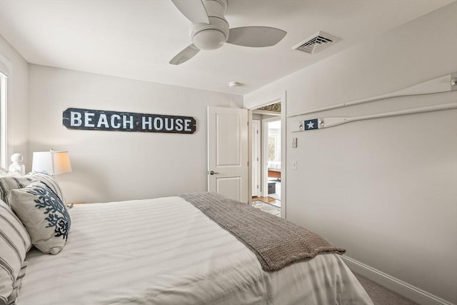 bedroom with a ceiling fan, visible vents, carpet floors, and baseboards