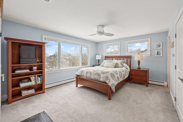 bedroom featuring ceiling fan, baseboard heating, carpet flooring, and baseboards