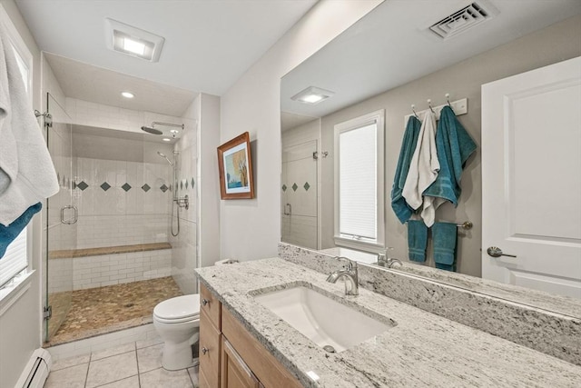 full bathroom with visible vents, toilet, a baseboard radiator, vanity, and a shower stall