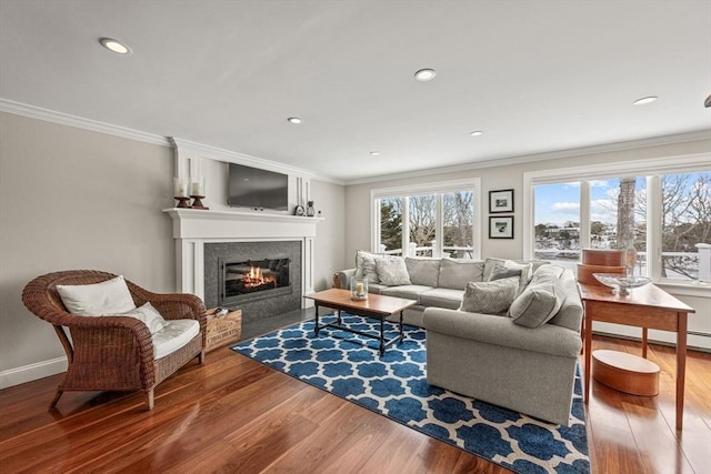 living area with ornamental molding, a glass covered fireplace, baseboards, and wood finished floors