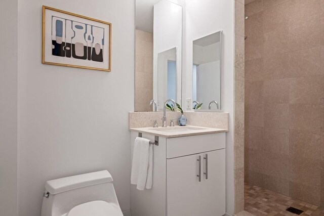 bathroom with toilet, walk in shower, and vanity