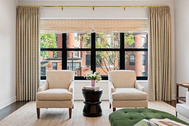 living area featuring baseboards, wood finished floors, and a wealth of natural light