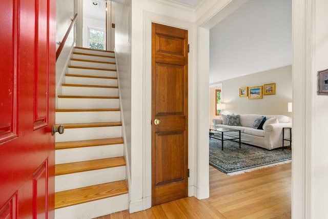 19 Birch St, Millis, MA 02054 - staircase featuring plenty of natural light, wood finished floors, and ornamental molding