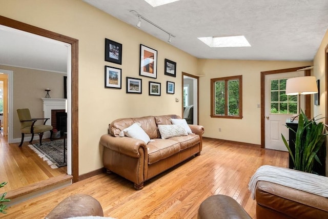19 Birch St, Millis, MA 02054 - living area featuring a skylight, light wood-style floors, a fireplace, lofted ceiling, and rail lighting
