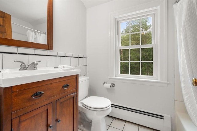 19 Birch St, Millis, MA 02054 - bathroom with baseboard heating, vanity, tile patterned flooring, shower / bathtub combination with curtain, and tile walls