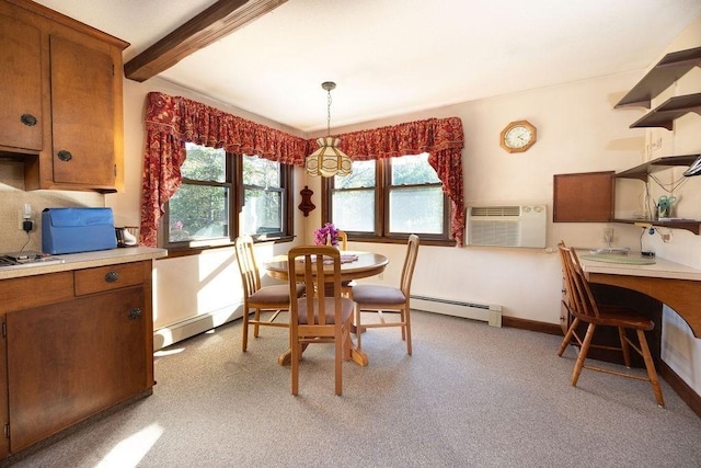 carpeted dining area with a wall mounted AC, beam ceiling, and baseboard heating